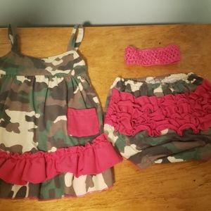 Pink and camo ruffle butt baby outfit